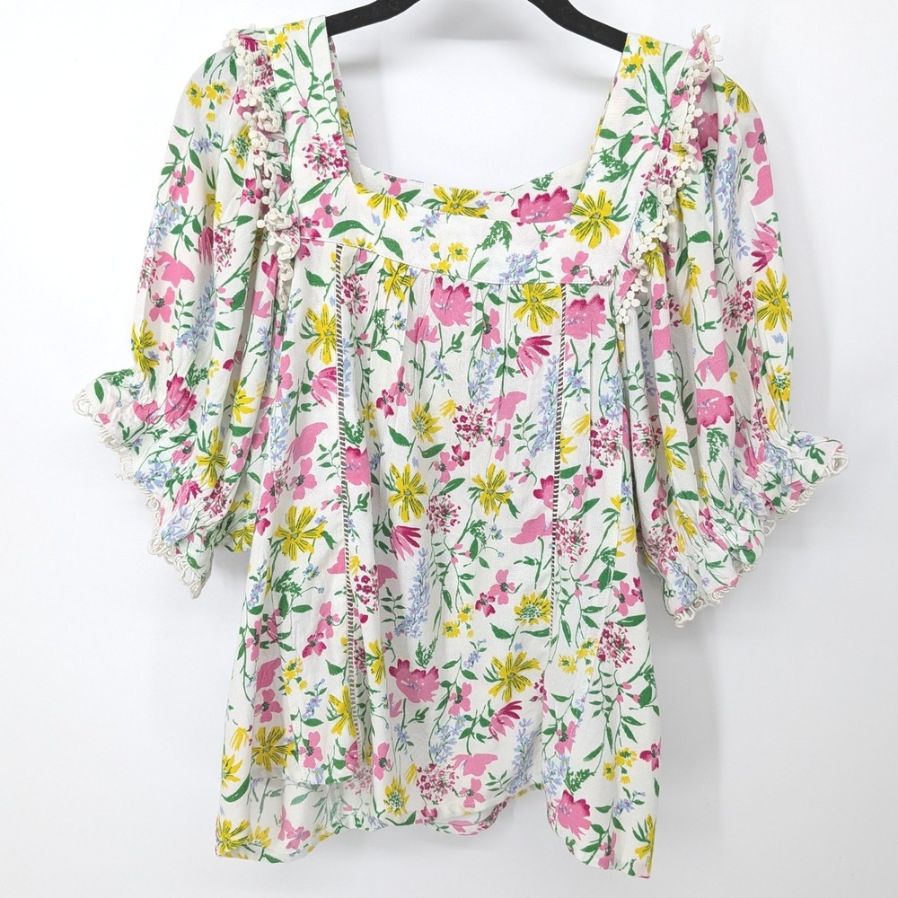 Citrus Blouse Womens‎ Small White Pink Floral Puff Sleeve Square Neck Boho Top